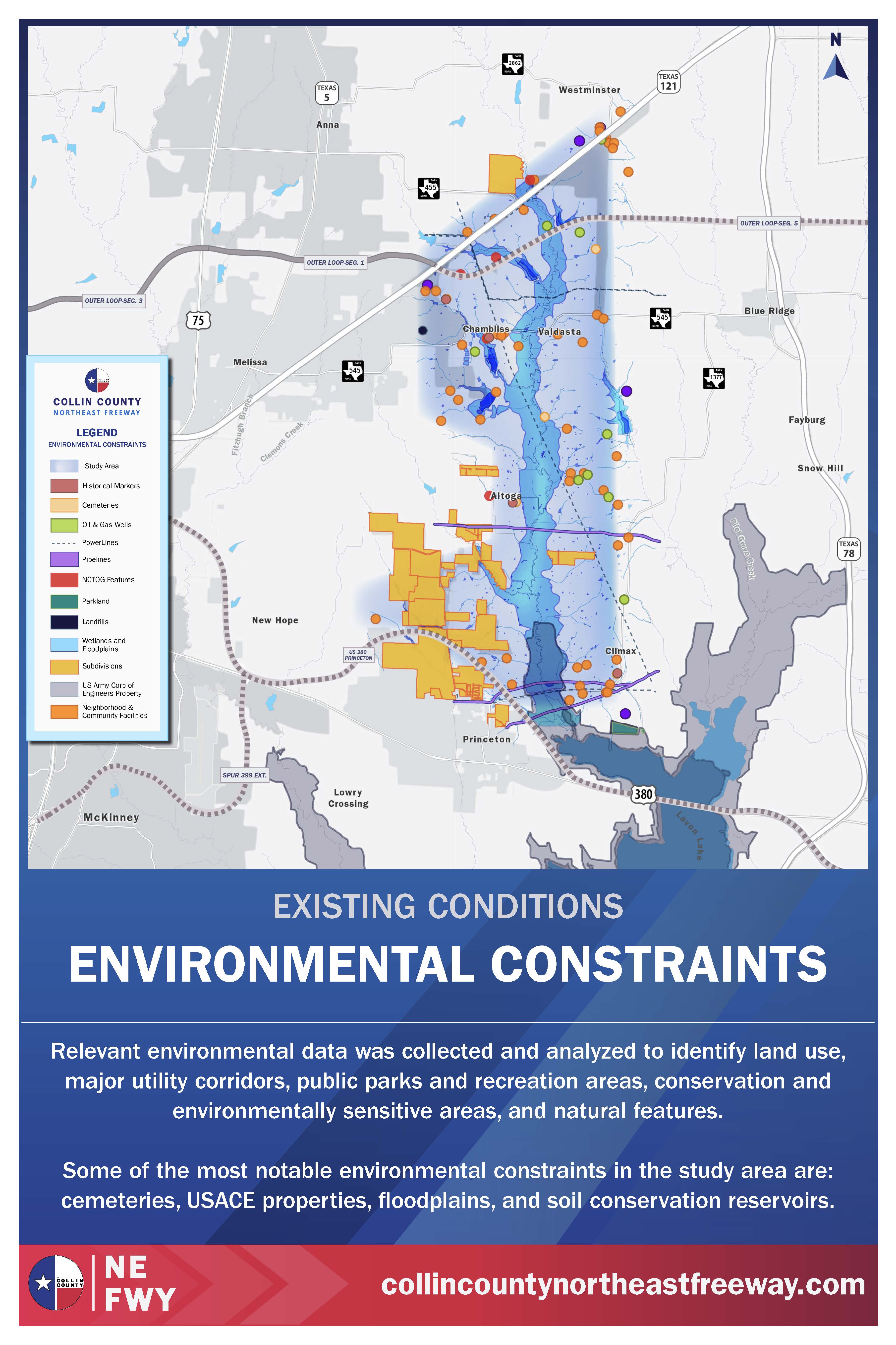 Map of Collin County showing environmental constraints for the Northeast Freeway project, highlighting study area, historic markers, cemeteries, oil and gas wells, pipelines, NCTOG features, parkland, landfills, wetlands, floodplains, subdivisions, US Army Corps of Engineers property, and neighborhood facilities.