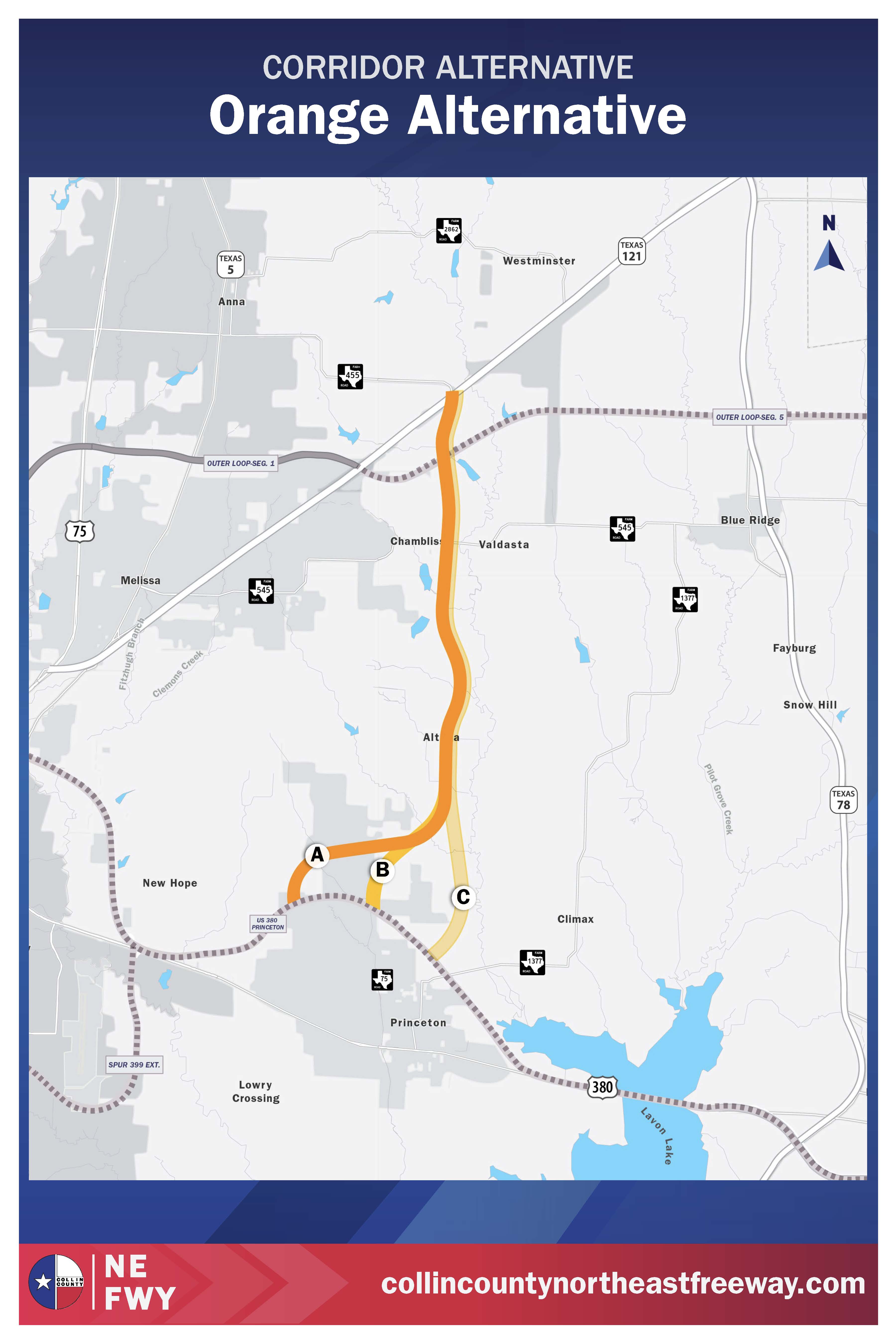 Map showing the Orange Alternative corridor for Northeast Freeway in Collin County, highlighted in orange and yellow along highways and local roads near Princeton, Anna, and Blue Ridge in Texas.