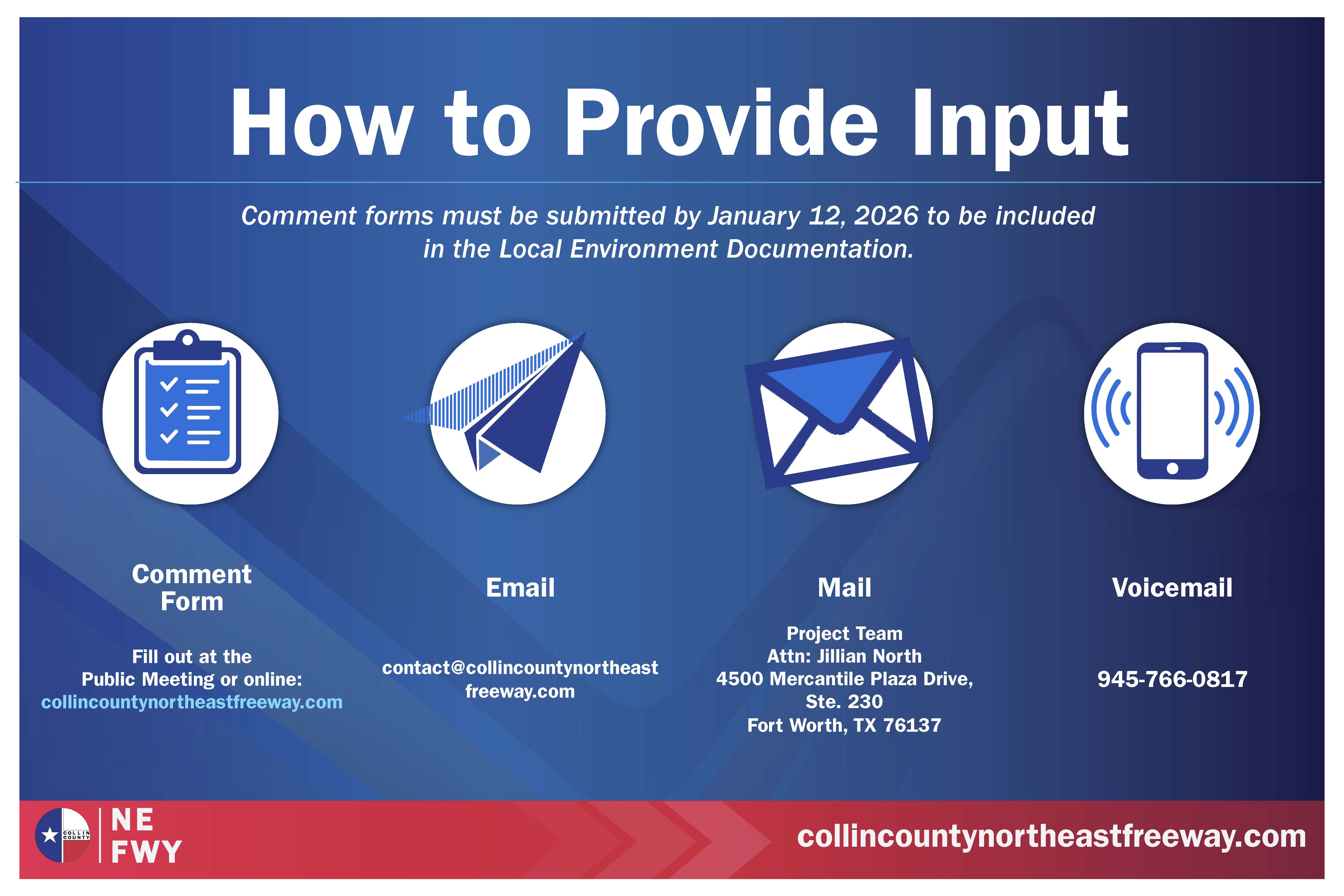 Informational graphic titled 'How to Provide Input' showing four methods: Comment Form, Email, Mail, and Voicemail with contact details for each method.