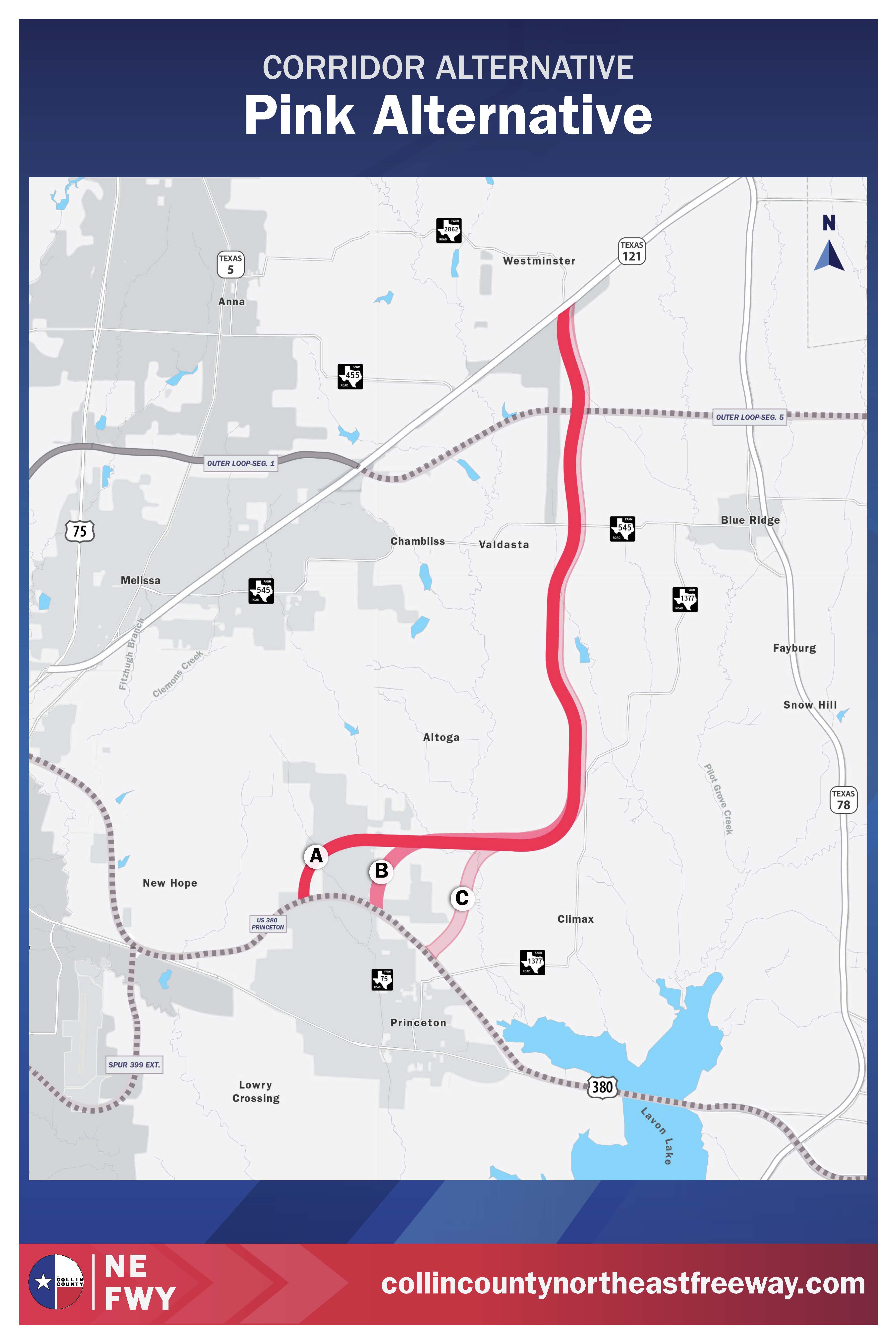 Map showing the Pink Alternative corridor for the Collin County Northeast Freeway with a highlighted pink route passing near Princeton and Climax, with labeled points A, B, and C.