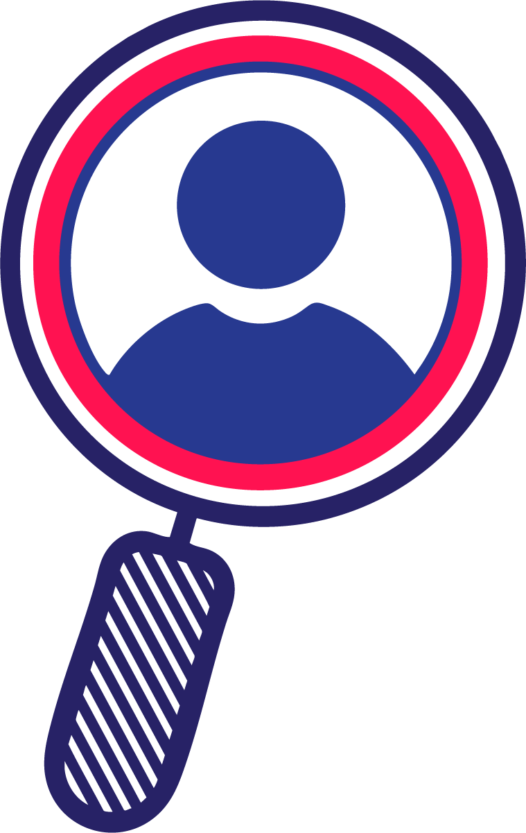 Magnifying glass icon with a user profile silhouette inside the lens.