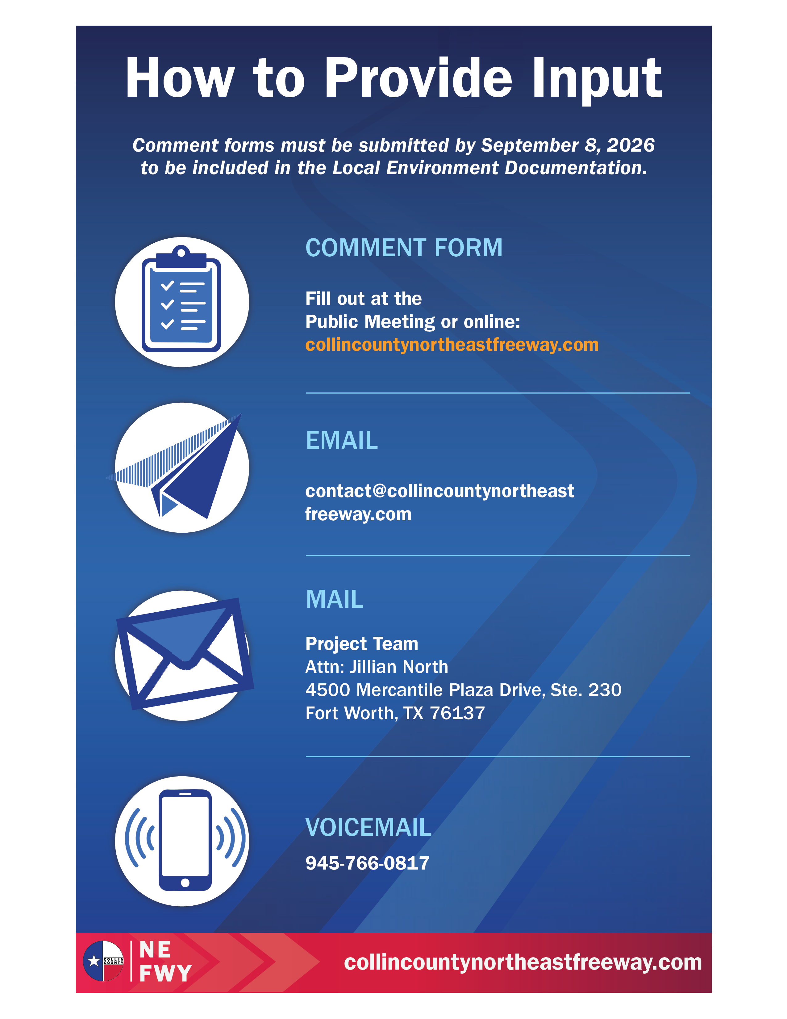Ways to provide public input on the Collin County Northeast Freeway Study