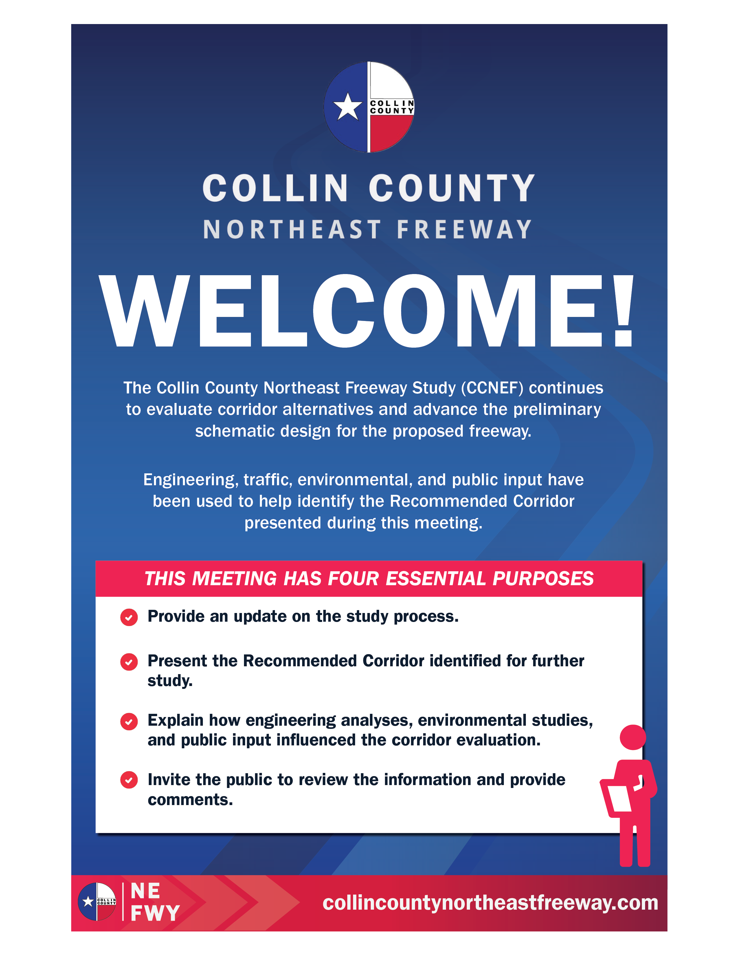 Information poster welcoming the public to a meeting about Collin County Northeast Freeway study, highlighting four essential purposes of the meeting and providing a website URL.