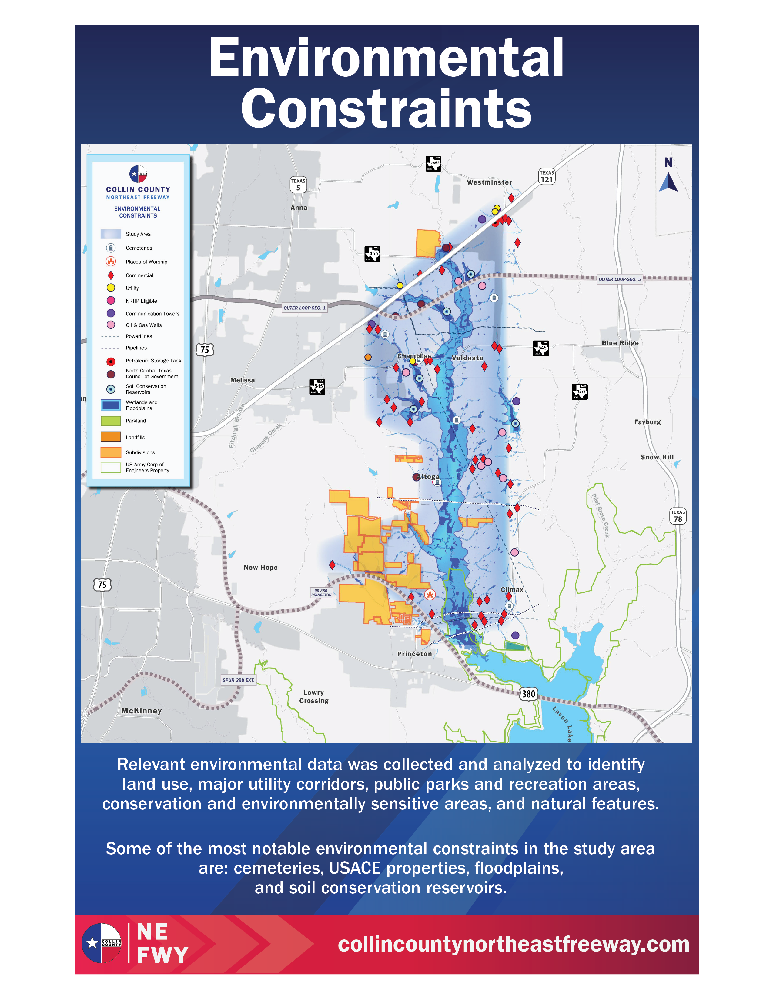 Environmental constraints and sensitive resources within the Collin County Northeast Freeway Study area