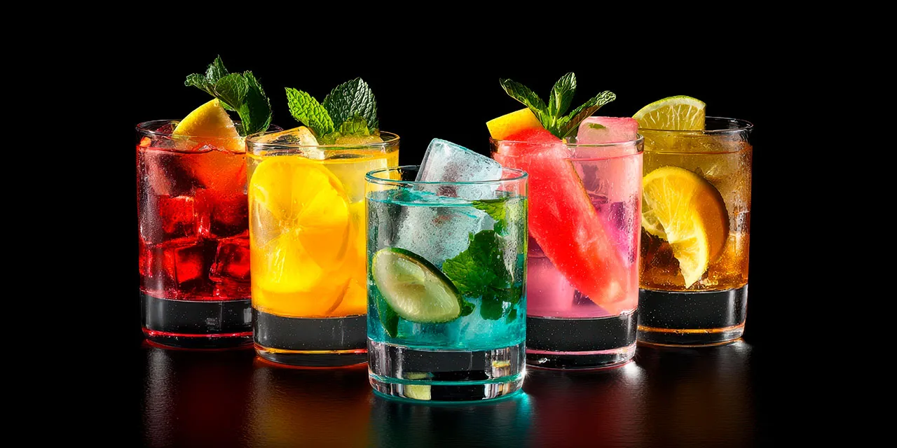 5 Different Exotic Drinks, Orange, Yellow Lemon, Waterrmelon, cucumber and green lemon Gins