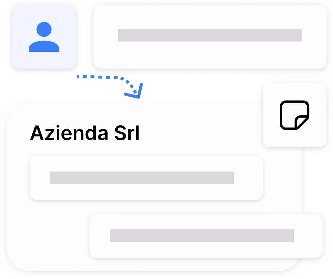 User icon above a card labeled Azienda Srl with several greyed-out text fields and a copy icon.