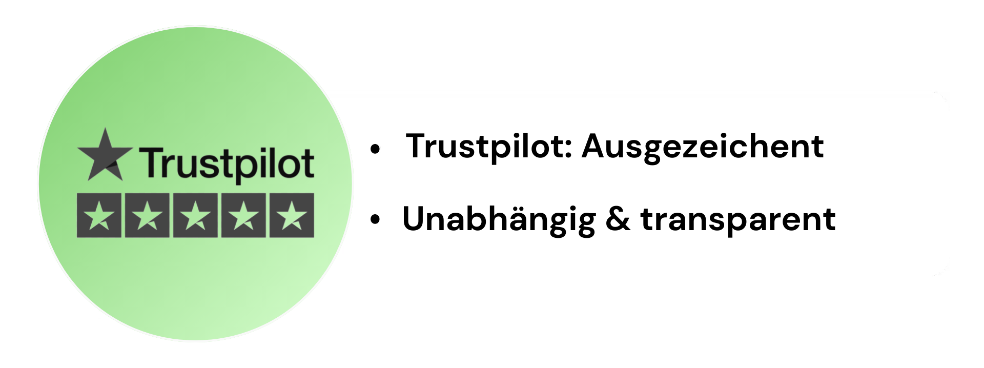Trustpilot-Logo mit fünf Sternen in einem grünen Kreis, daneben Text: Trustpilot: Ausgezeichnet, Unabhängig & transparent.