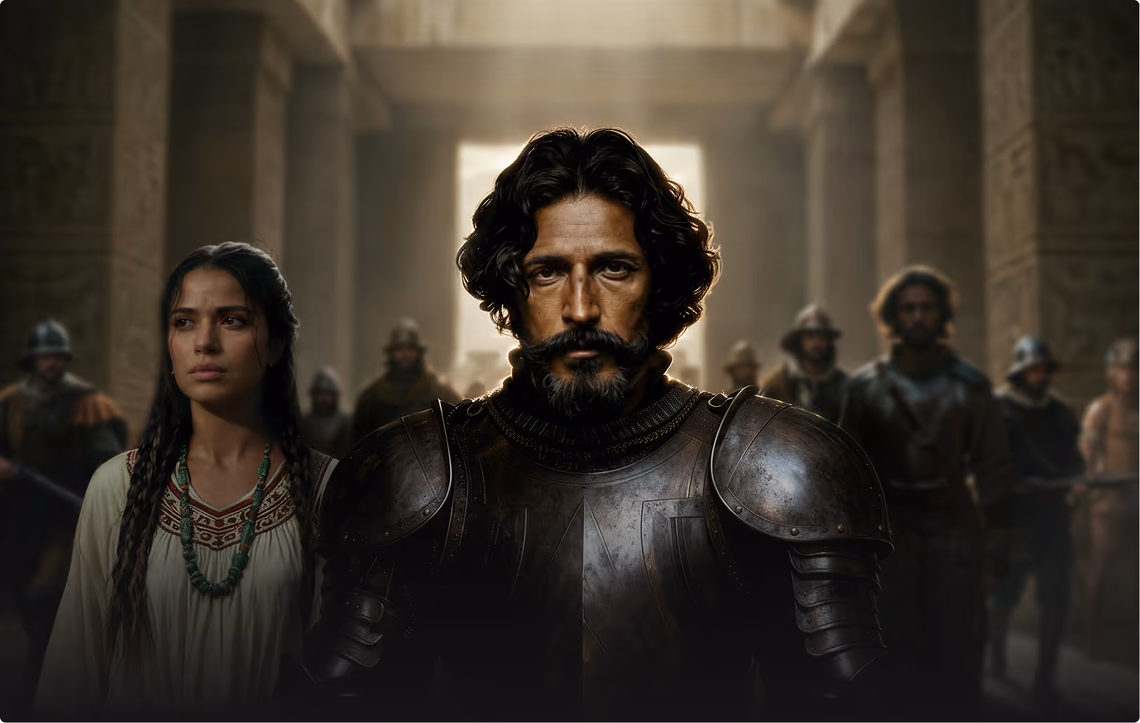 Serious man in medieval armor with a woman in traditional clothing and soldiers in the background inside a stone building.