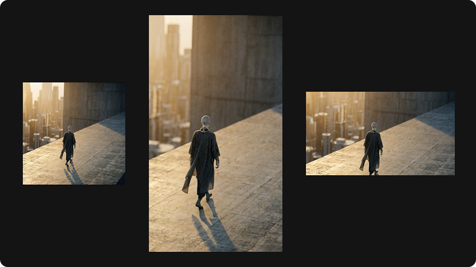 Person in a long coat walking alone on a concrete rooftop with a city skyline in the background at sunset.