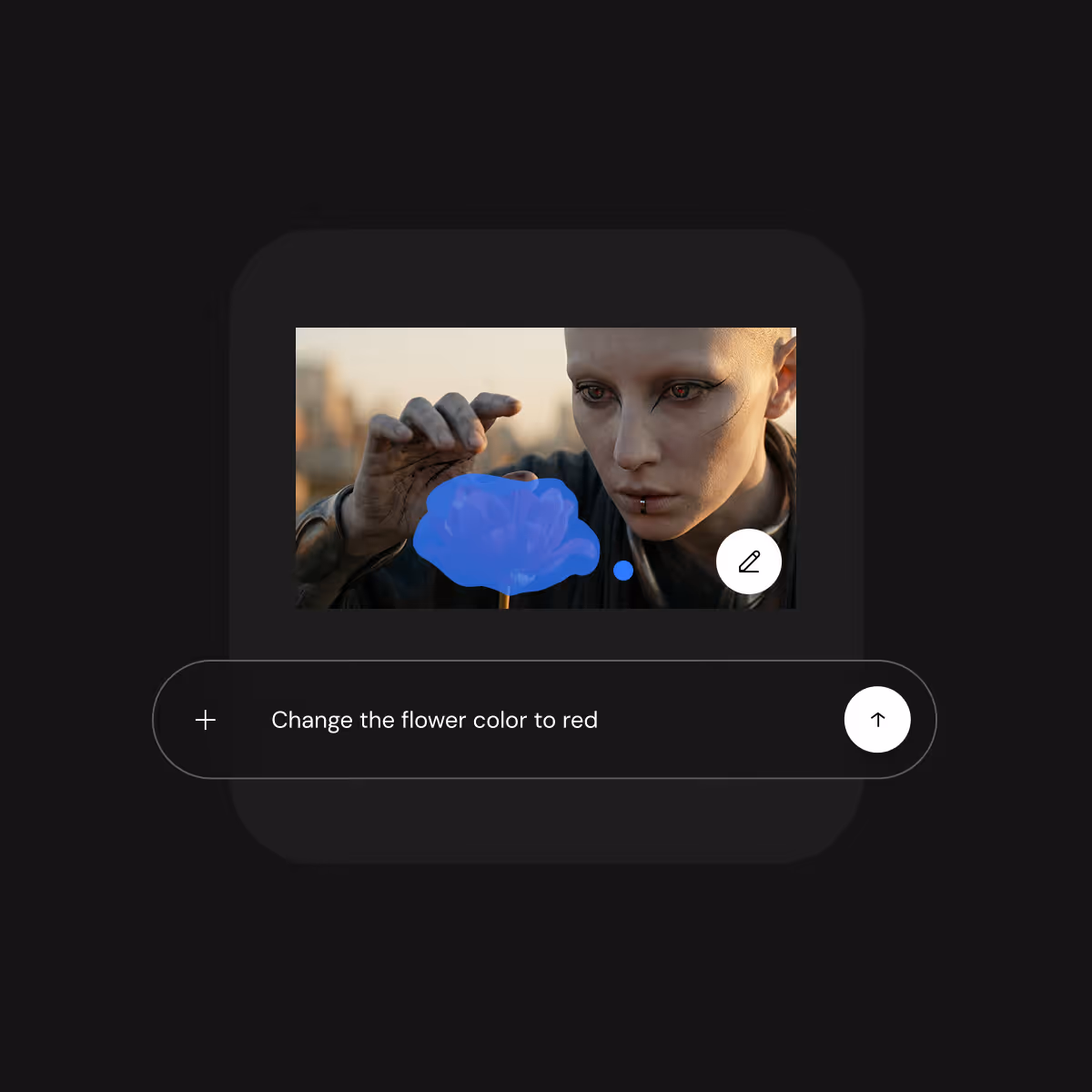 Person with black eyeliner and lip piercing reaching toward a blue highlighted flower on screen with prompt to change flower color to red.