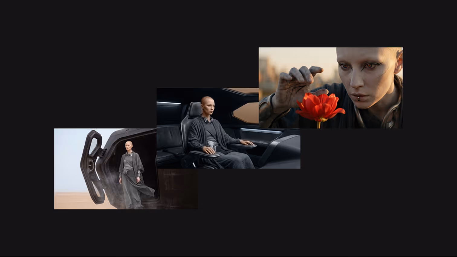 Three scenes featuring a bald person in futuristic attire: walking from a vehicle in a desert, sitting inside a modern vehicle, and closely examining a red flower.