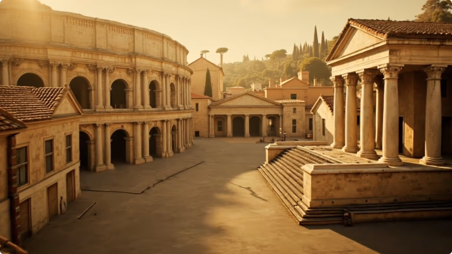 Ancient Roman-style plaza with a large coliseum, classical buildings with columns, and tiled roofs under warm sunlight.