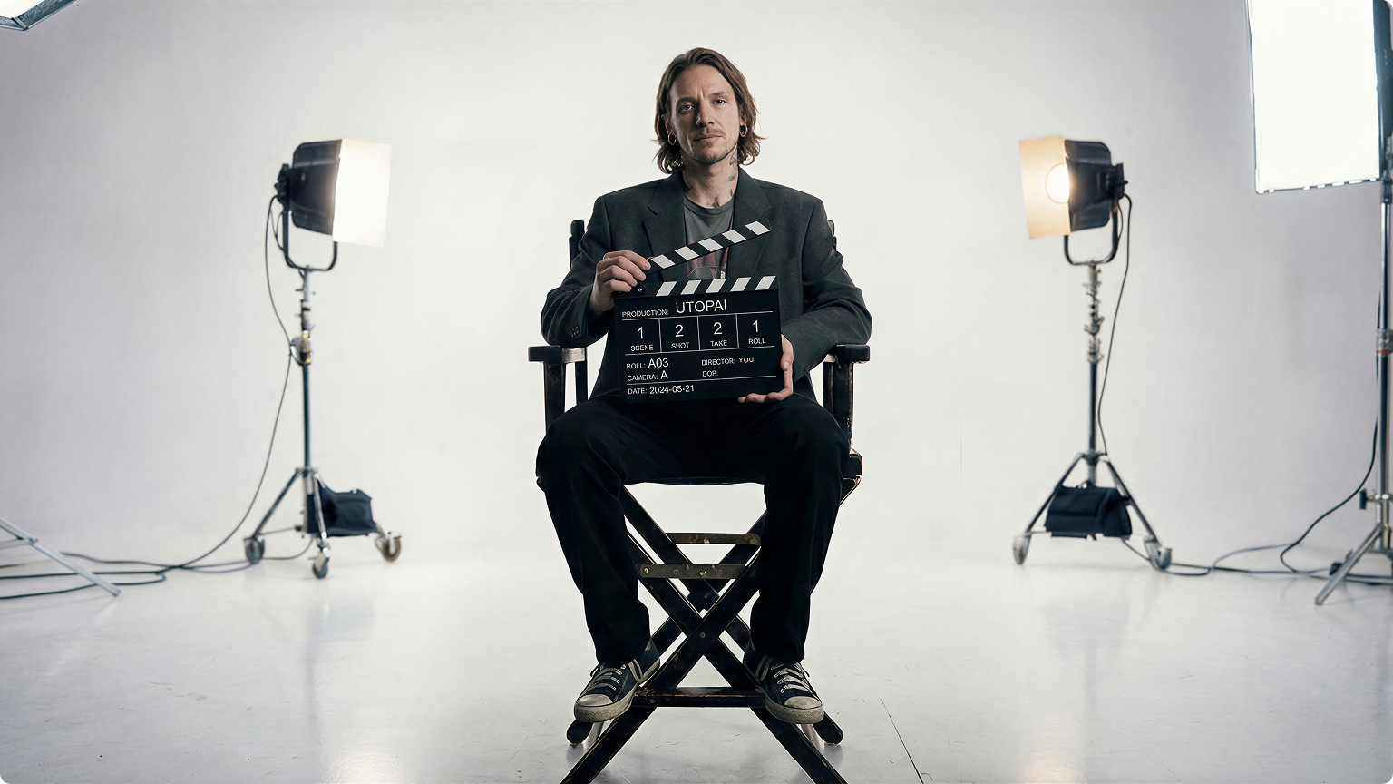Man sitting on a director's chair holding a film clapperboard labeled 'UTOPIA' in a bright studio with professional lighting equipment.