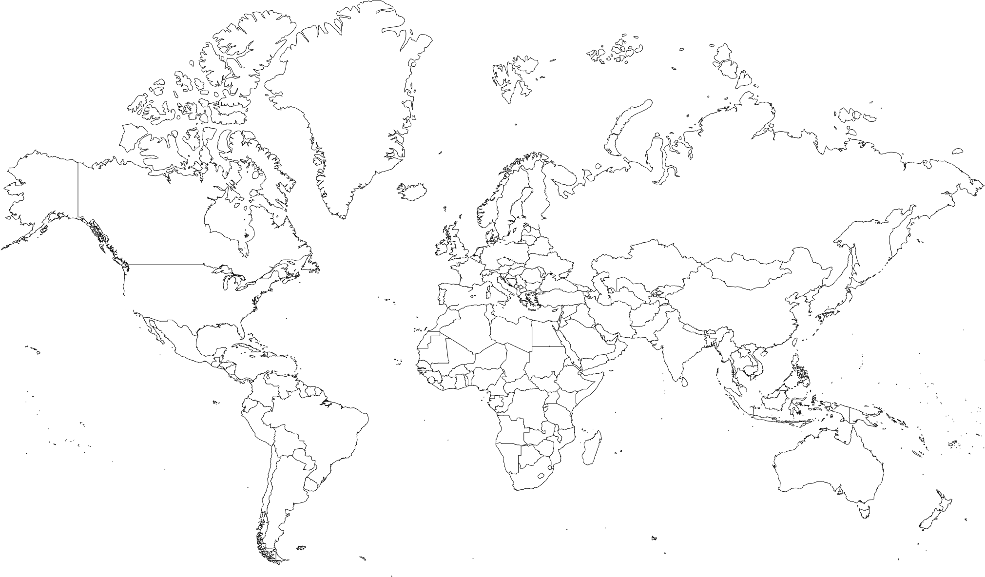 Black and white world map showing country borders with white countries and black oceans.