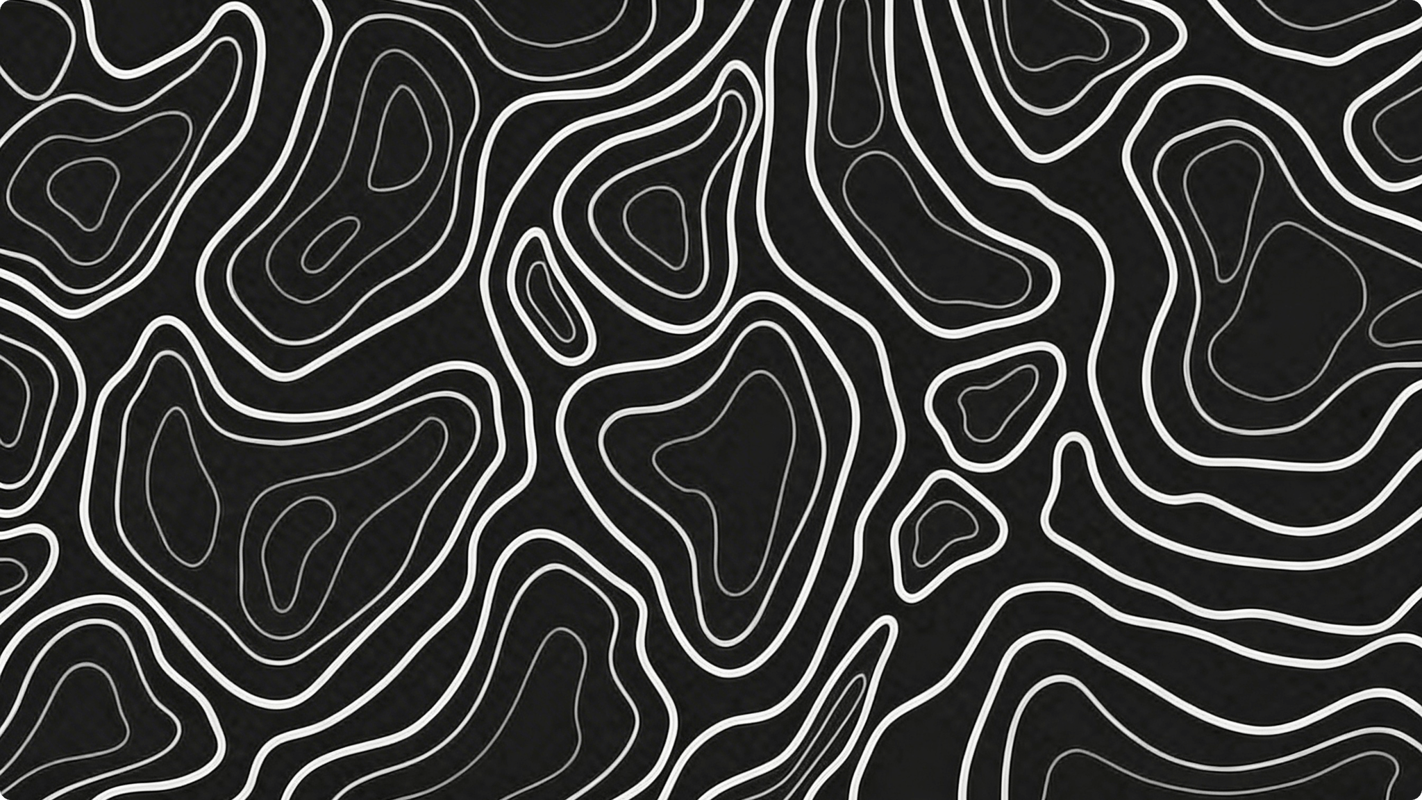 Abstract black background with irregular white contour lines resembling a topographic map.