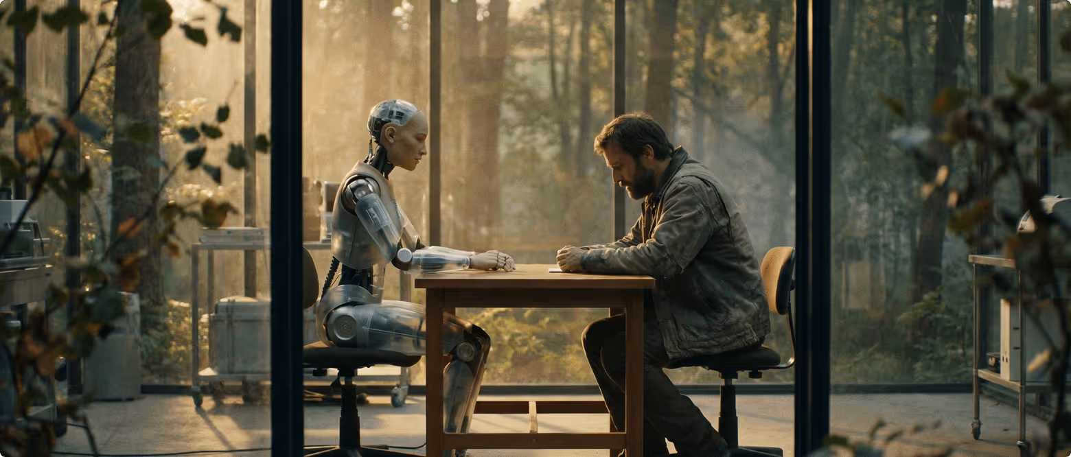 A humanoid robot and a man sit across from each other at a wooden table inside a glass room with a forest visible outside.