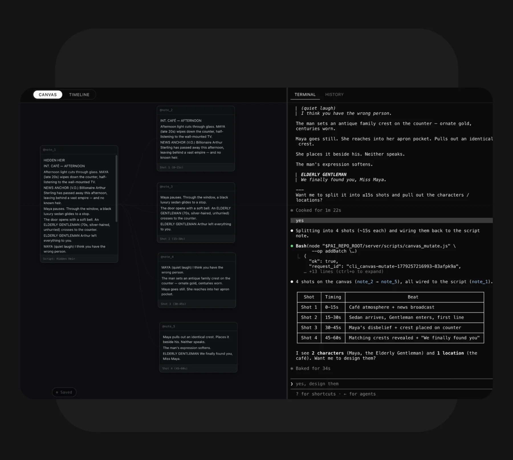 PAI Code terminal running an agent task next to a screenplay