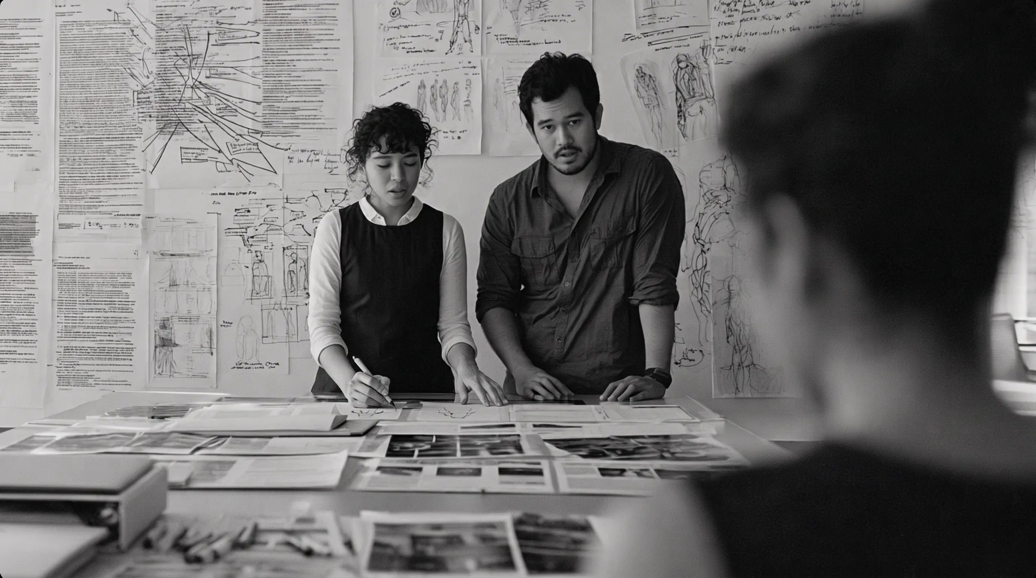Two filmmakers reviewing storyboards and production sketches on a table