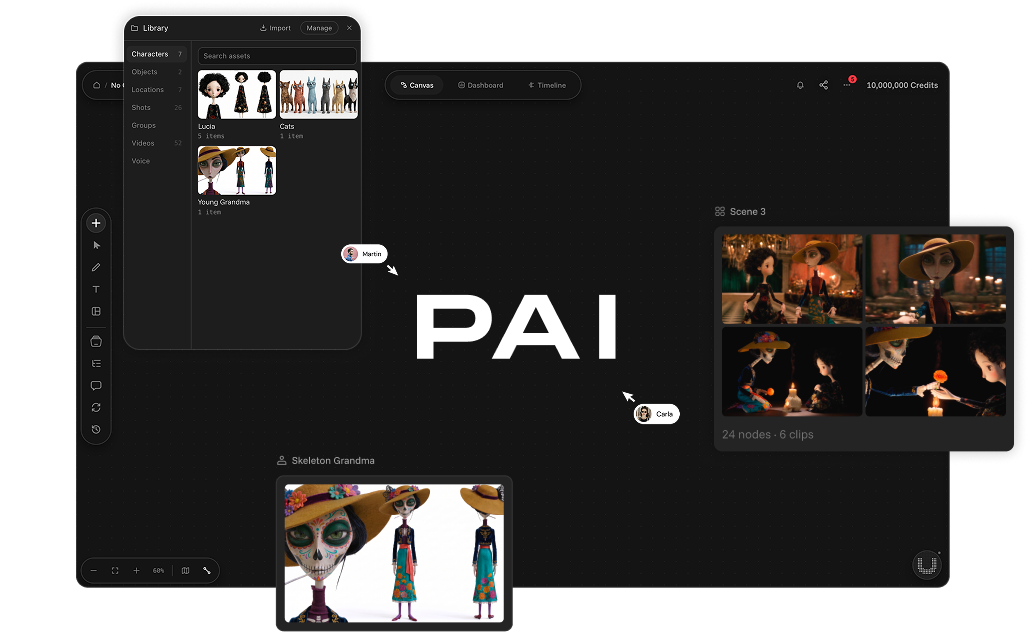 PAI canvas with a character library, scene boards and collaborators working together