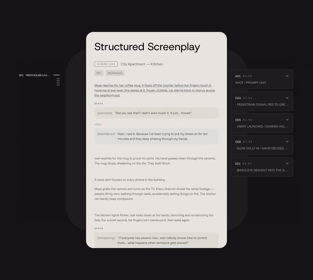 Structured screenplay view breaking a script into scenes and shots
