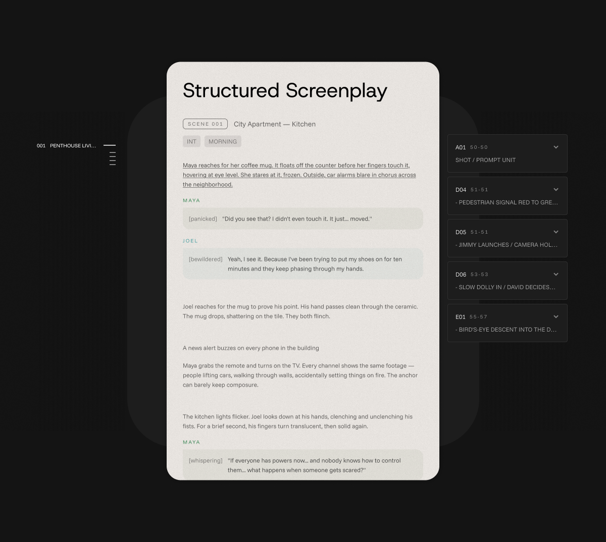 Structured screenplay view breaking a script into scenes and shots
