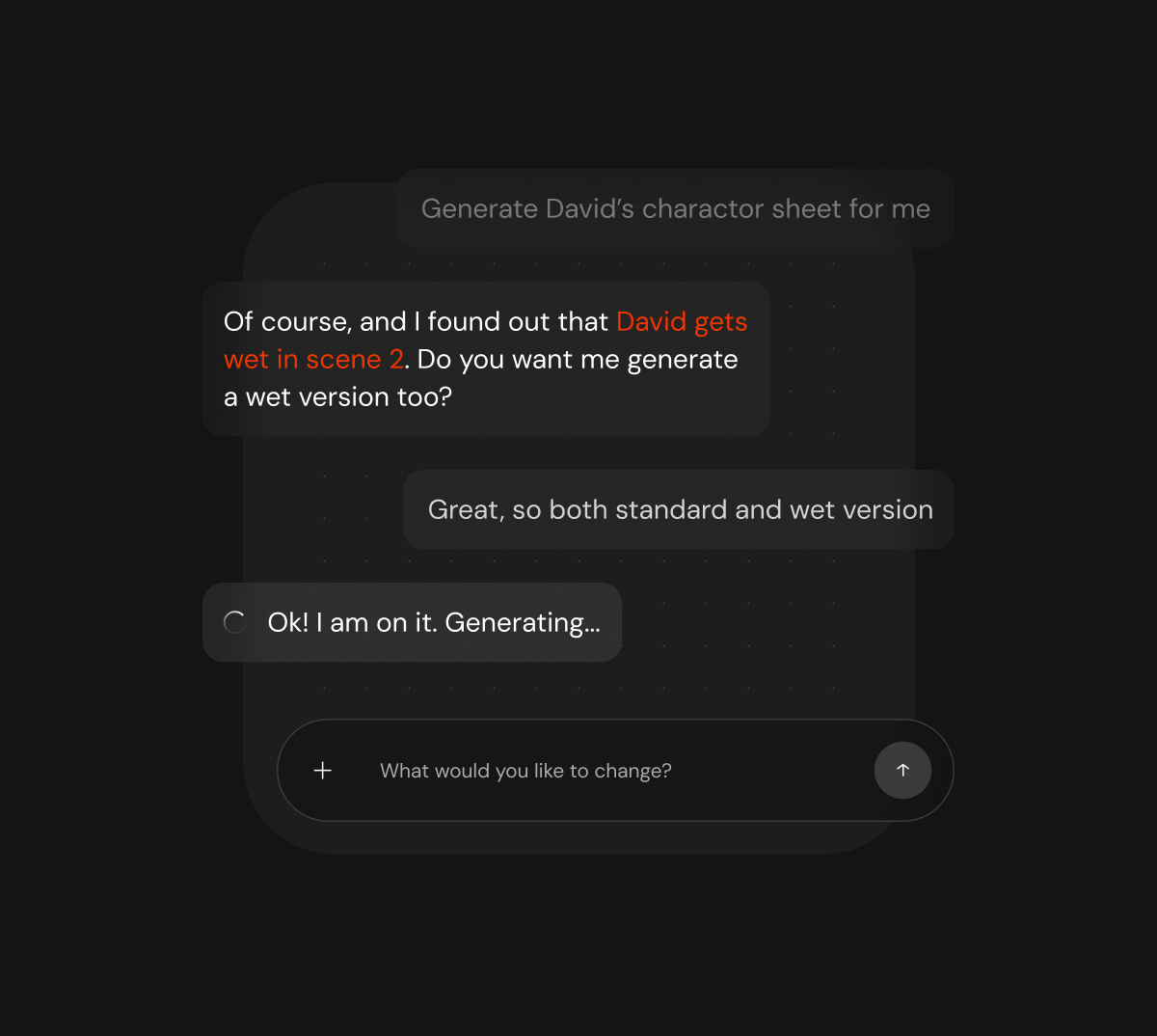Agent chat generating character shots from a request
