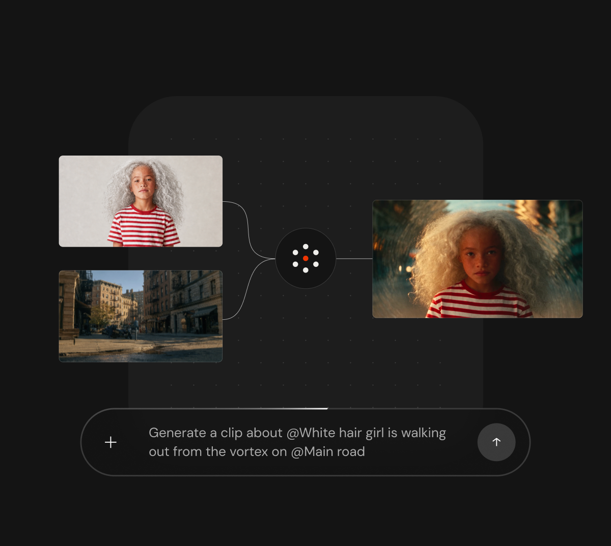 Character and location references routed into a generated scene