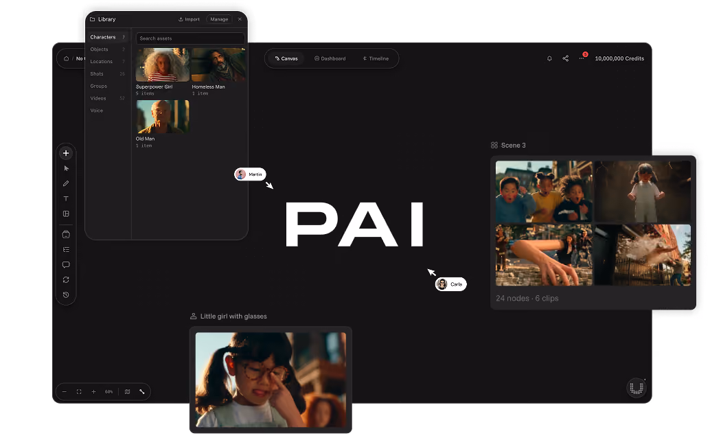 PAI canvas with scenes, characters and locations for the short film No One's Racing, plus the agent chat panel