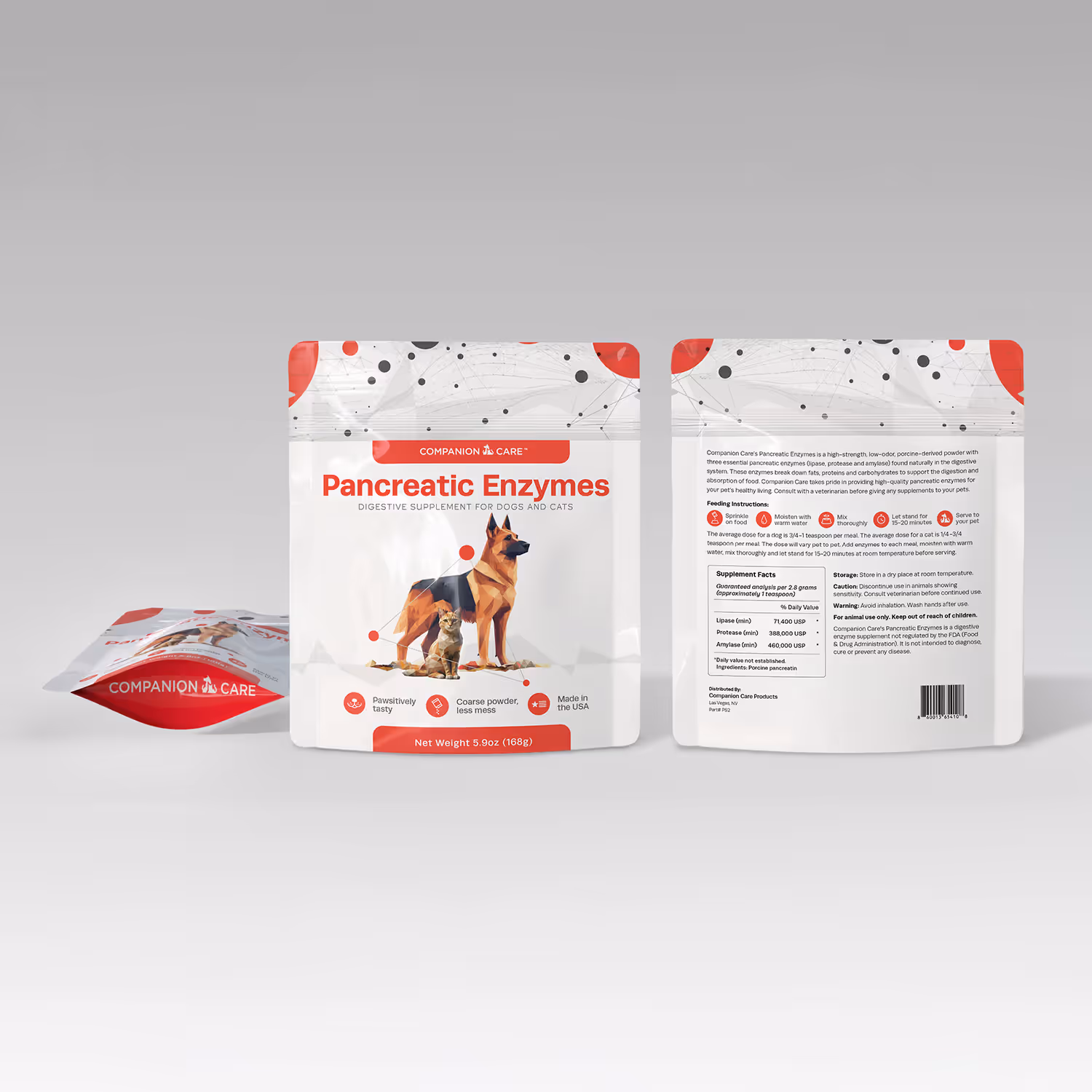 Three views of Companion Care Pancreatic Enzymes supplement pouch for dogs and cats, front, back, and side.