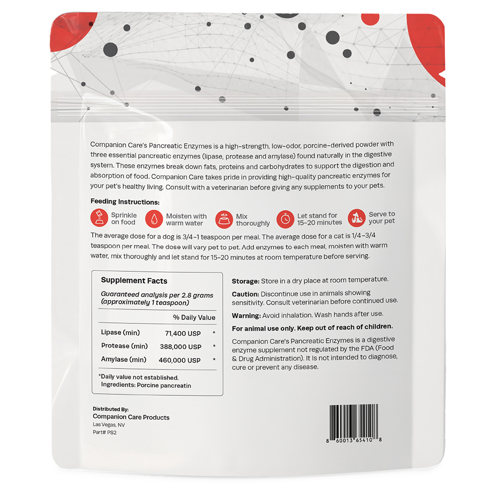 Back of Companion Care Pancreatic Enzymes powder package with feeding instructions, supplement facts, storage, caution, and warning details.
