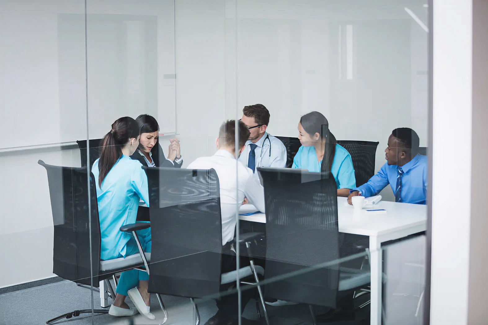 Group of healthcare professionals and business people sitting around a conference table in a glass-walled meeting room.