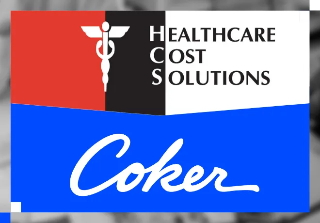 Announcement graphic: Healthcare Cost Solutions (HCS) has joined Coker. Logos shown on white and blue background.