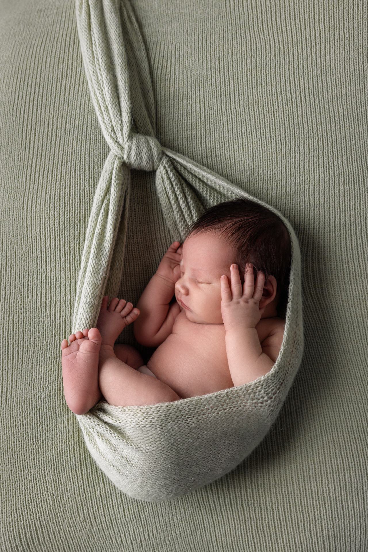 Fotografia newborn a Bologna di Claudia Spaziani: neonato che dorme in amaca di lana verde sospesa, atmosfera intima e delicata.