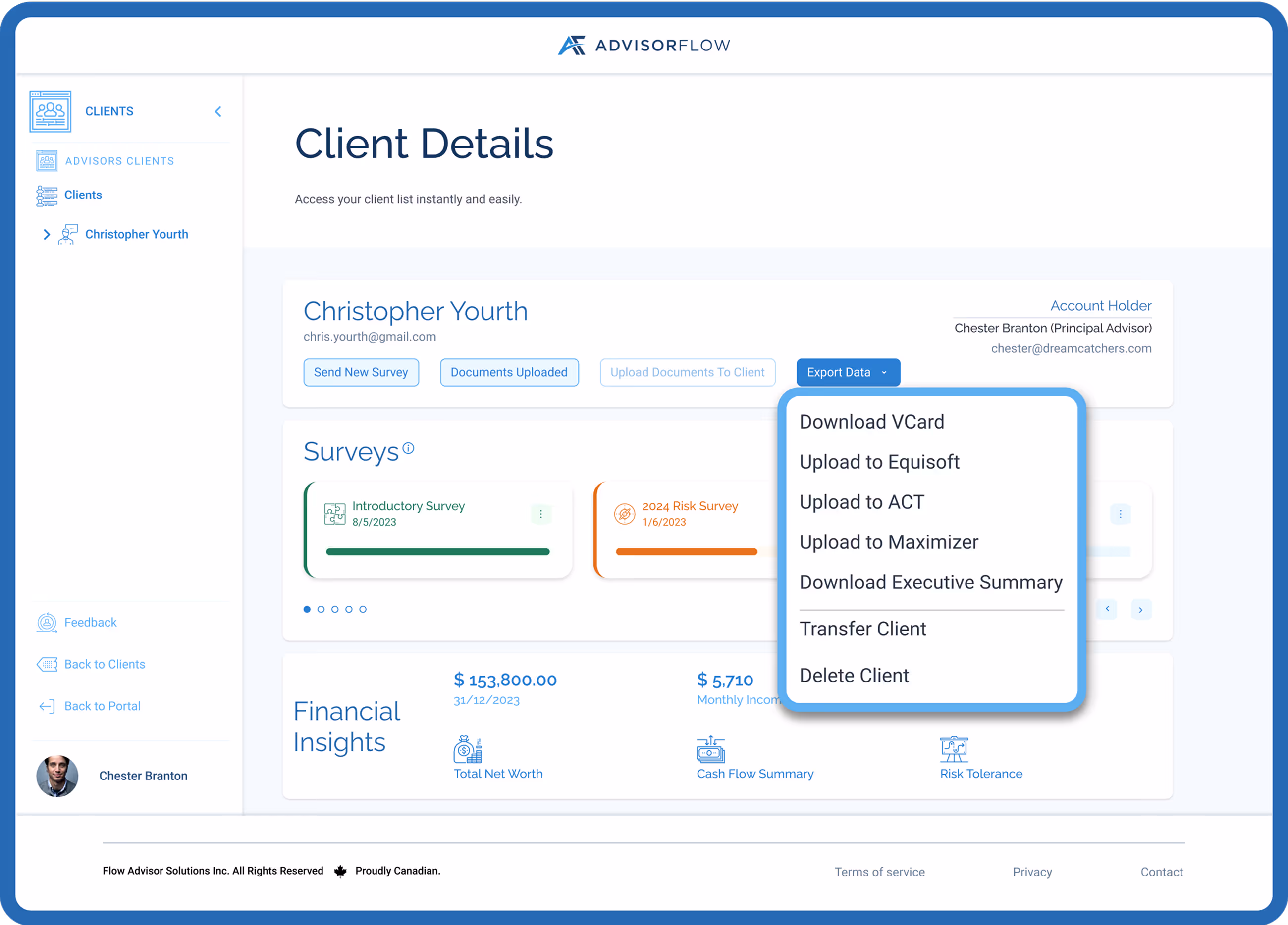 client detail page and export data options