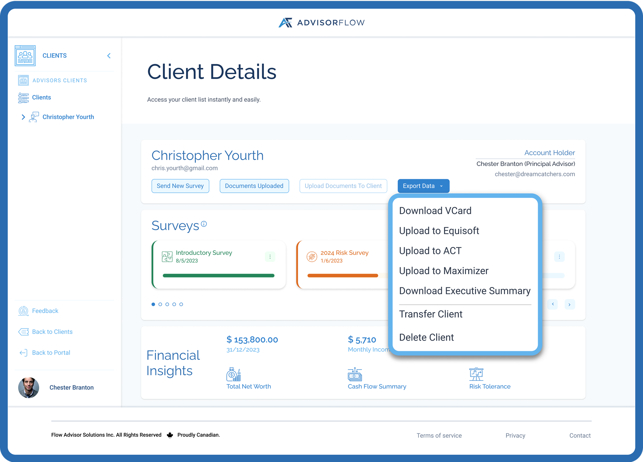 client detail page and export data options