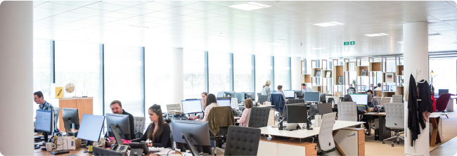 Open-plan modern office with people working at desks and computers near large windows.