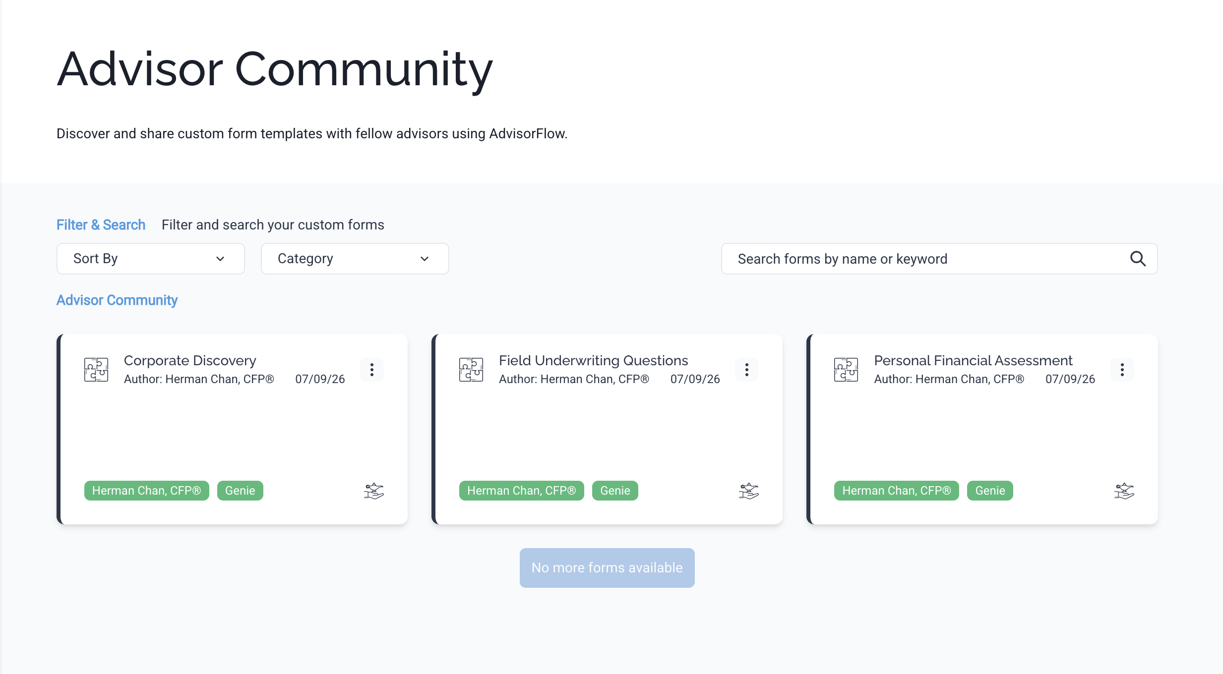 Overview of Advisor Community feature. Shows three forms.