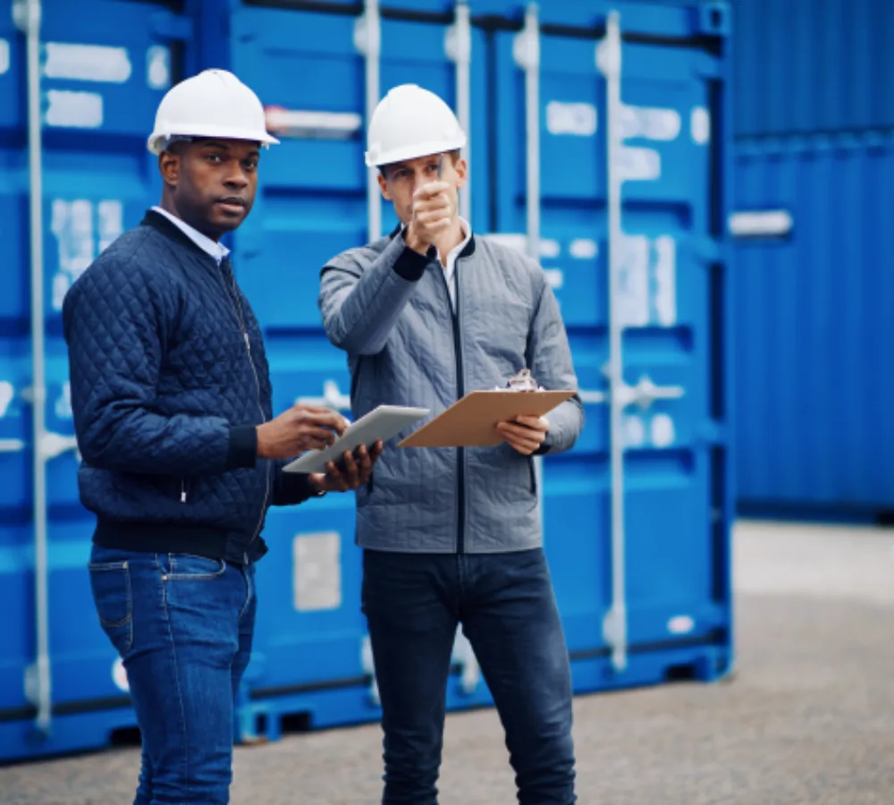 SFL Companies workers in hard hats review documents near blue shipping containers