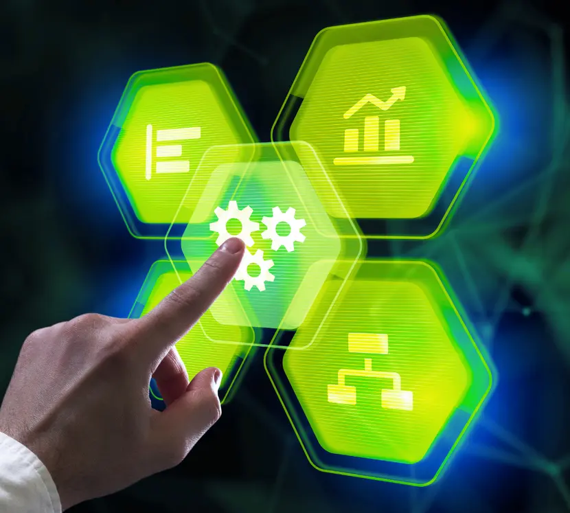 Index finger pressing a neon-green hexagonal button with gear icons, surrounded by analytics and workflow symbols.
