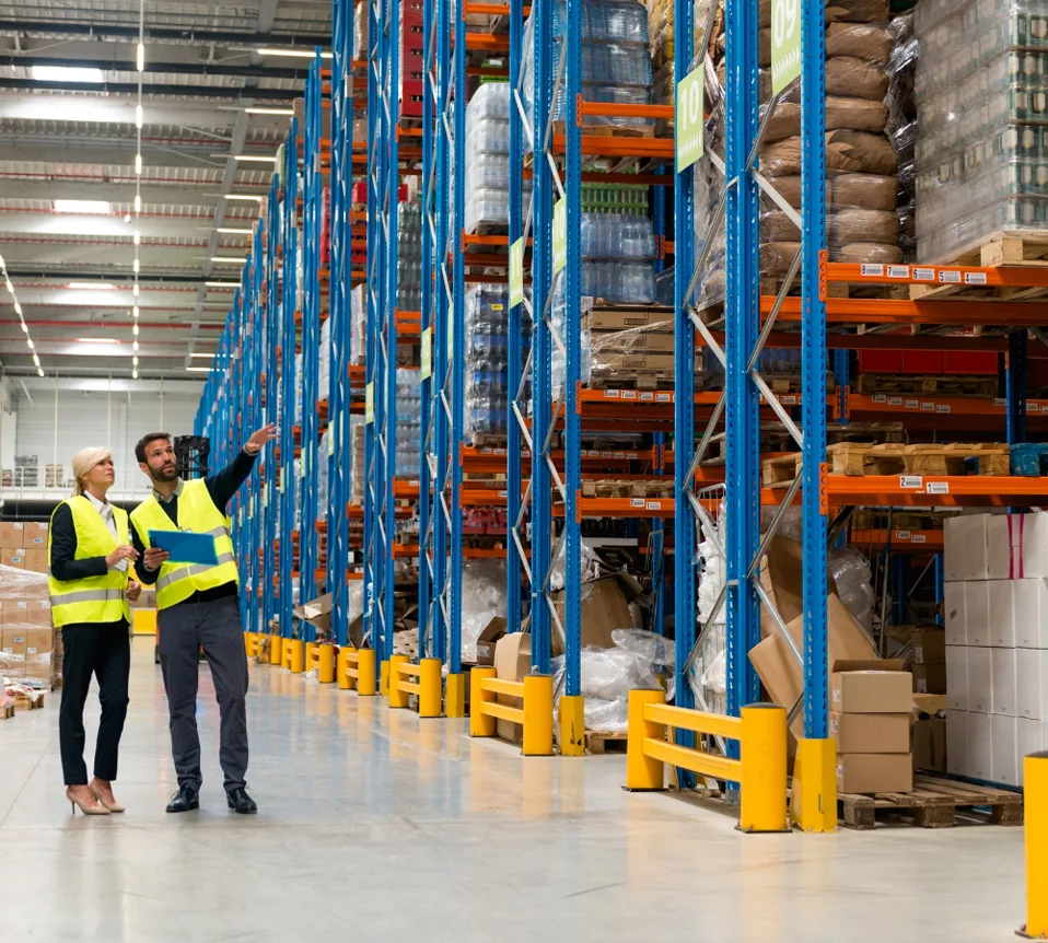 Two workers in hi-vis vests review inventory in a large warehouse aisle, one pointing toward tall blue-and-orange racks stacked with pallets and boxes.