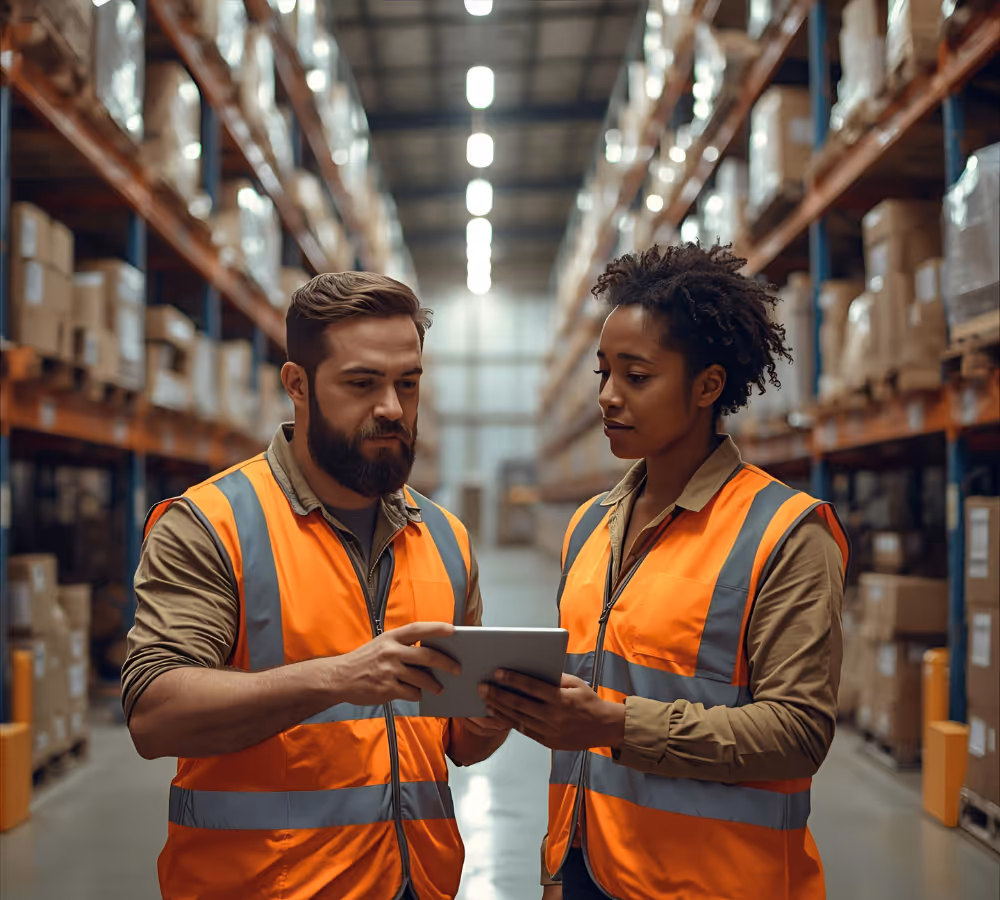 SFL warehouse workers in safety vests collaborate on tablet inventory management