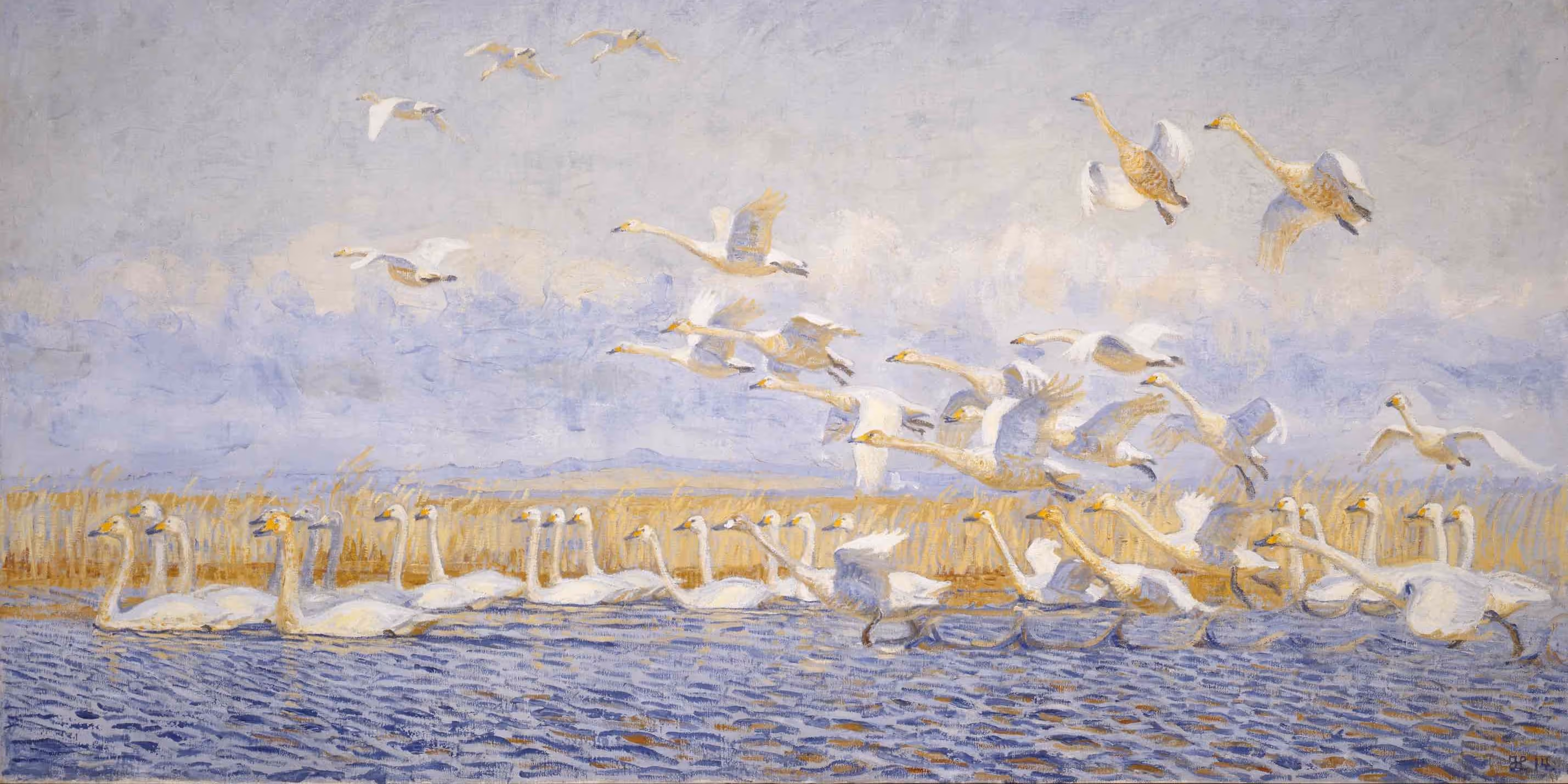 Johannes Larsen, Swans take off, Filsø, 1914, kilde: SMK Open