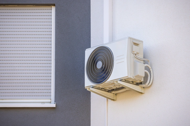 A white outdoor air conditioning unit is mounted on a light gray wall beside a darker gray section with a closed window shutter