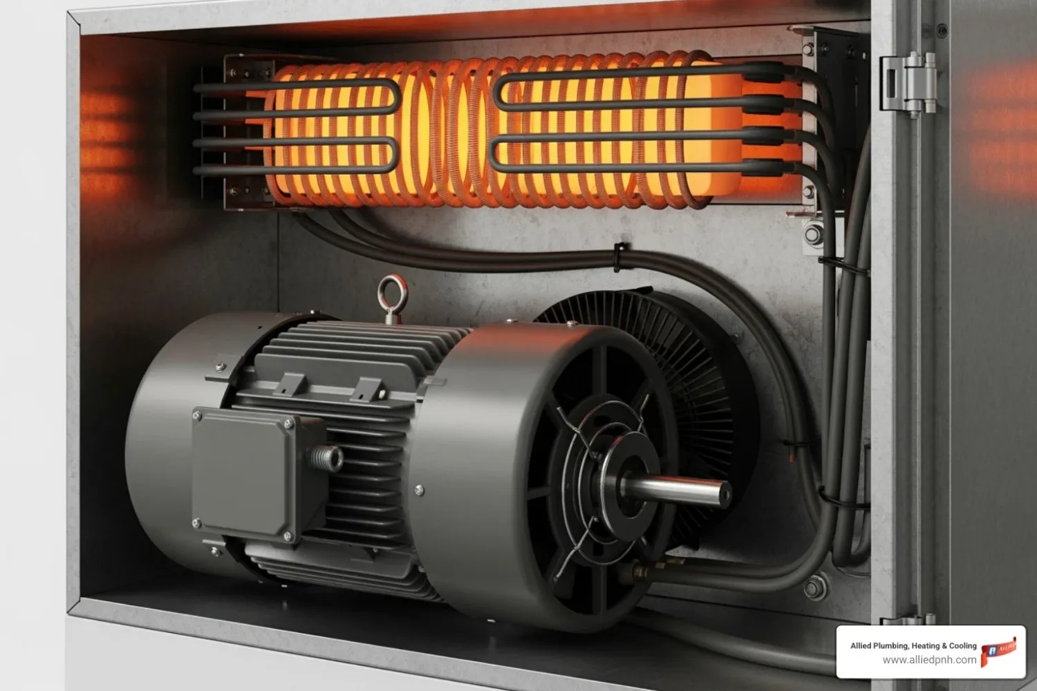 Internal components of an electric furnace with labels for heating elements and the blower motor - Electric furnace service