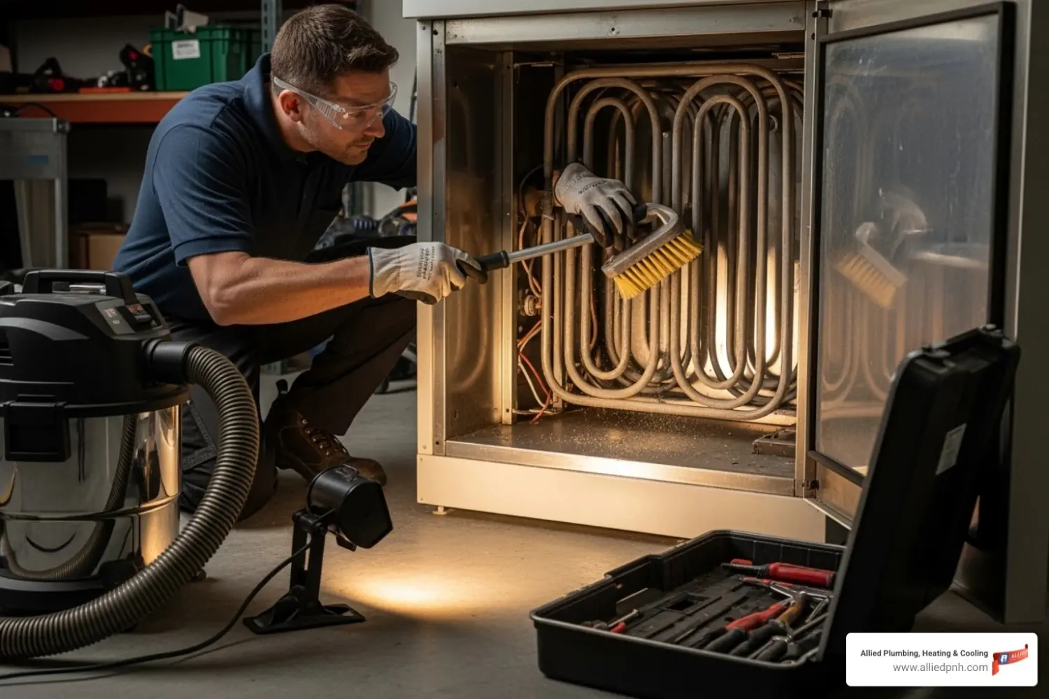 Technician cleaning commercial humidifier heating coils with brush.