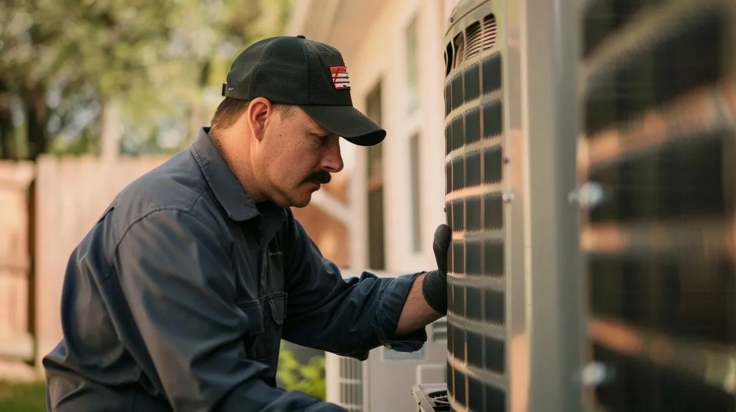 HVAC technician checking outdoor AC unit.