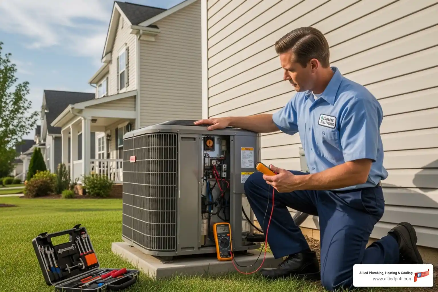 clean, uniformed technician servicing an outdoor air conditioning unit - expert HVAC technicians