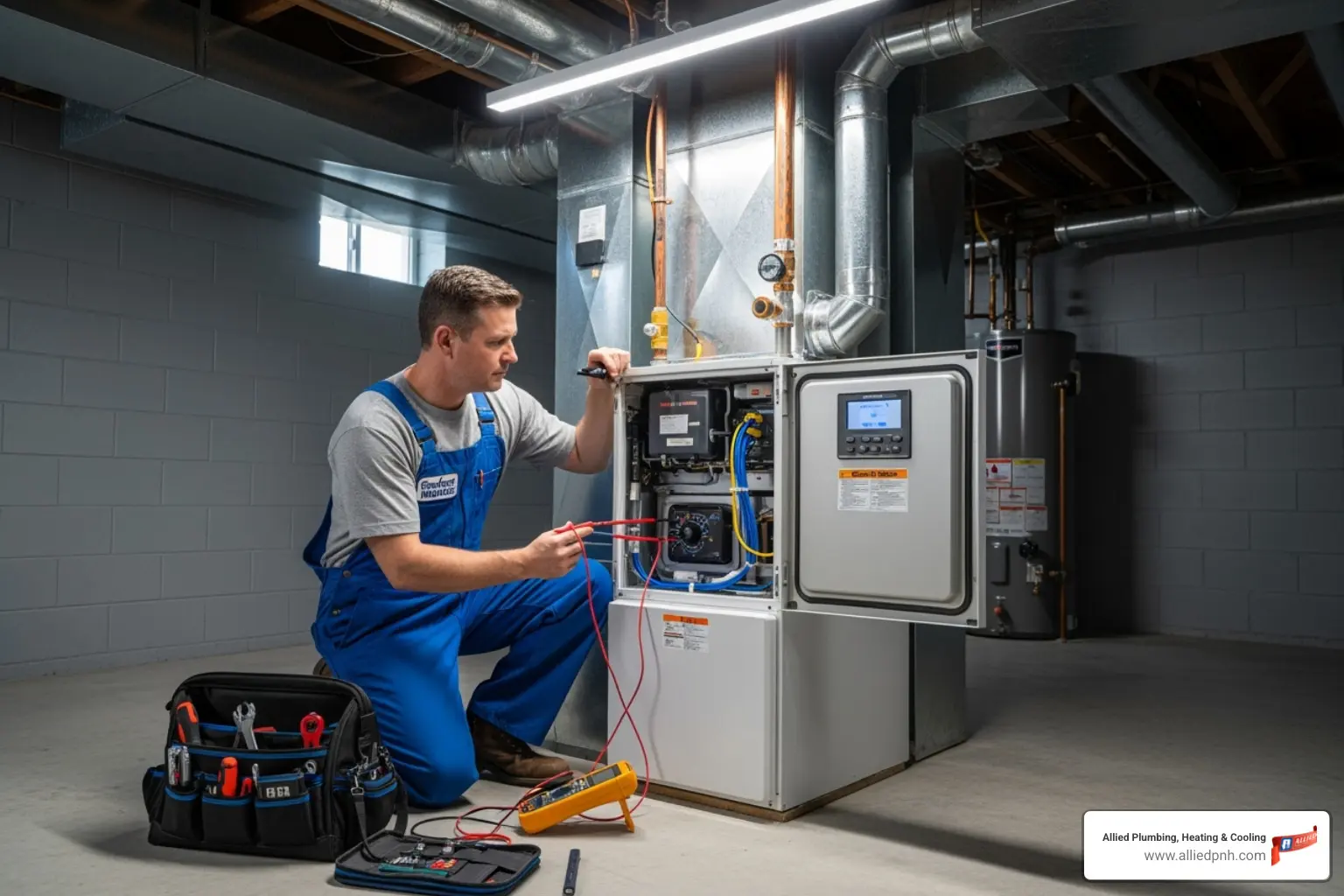 technician performing a tune-up on a clean furnace - expert HVAC technicians
