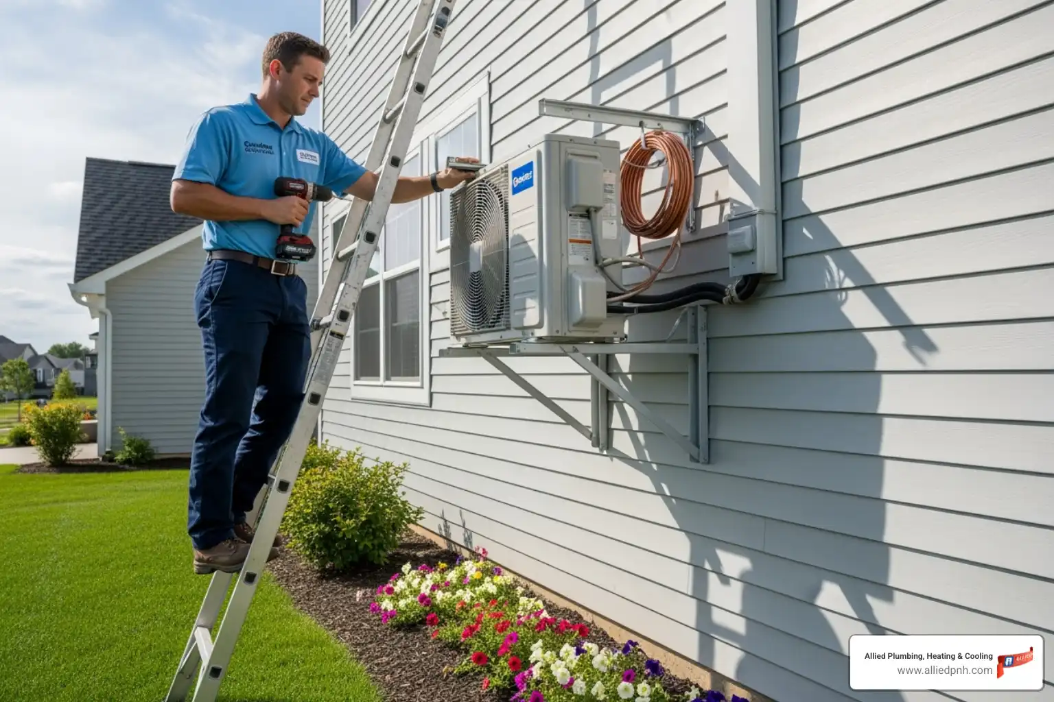 technician installing outdoor mini-split unit - mini split installation Rochester
