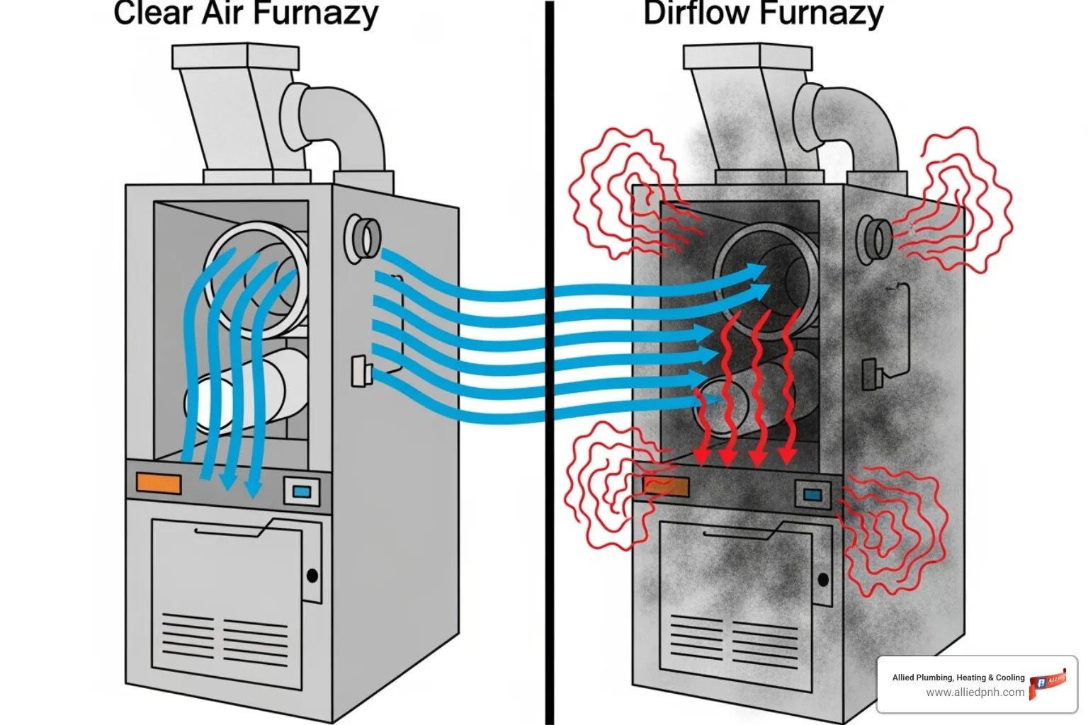 Diagram showing airflow through a clean vs. dirty furnace system - Furnace cleaning service